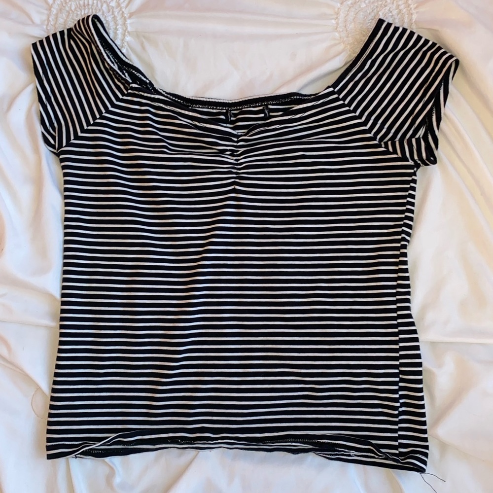 Cotton On back and white striped off the shoulder shirt